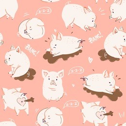 cute little piggies. colored vector seamless pattern. pink background