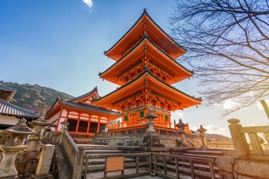 red pagoda beautiful architecture in kiyomizu dera temple, kyoto japan.