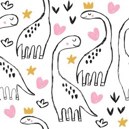 cute brontosaurus and doodles. funny cartoon dino seamless pattern. hand drawn vector doodle design for girls, boys, kids. hand drawn children's pattern for fashion clothes, shirt, fabric
