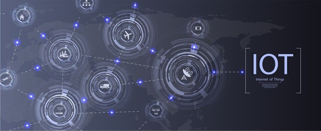 internet of things (iot) and networking concept for connected devices. spider web of network connections with on a futuristic blue background