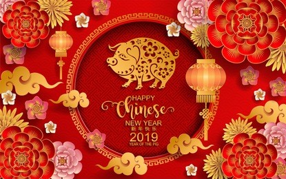 happy chinese new year 2019 zodiac sign with gold paper cut art and craft style on color background.(chinese translation : year of the pig)