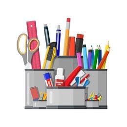 pen holder office equipment. ruler, knife, pencil, pen, scissors. office supply stationery and education. vector illustration flat style