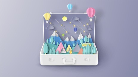 illustration of creative design camping in the forest inside suitcase. family adventure camping. graphic design for camping in summer. paper cut and craft style. vector, illustration.