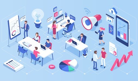people in open space office concept design. can use for web banner, infographics, hero images. flat isometric vector illustration isolated on white background.