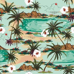 bright summer hawaii  seamless island pattern vector. landscape with palm trees,beach and ocean vector hand drawn style on light blue color background.