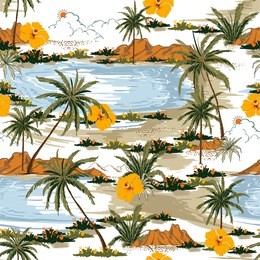 summer aloha seamless island pattern vector. landscape with palm trees,beach and ocean vector hand drawn style on white color background.