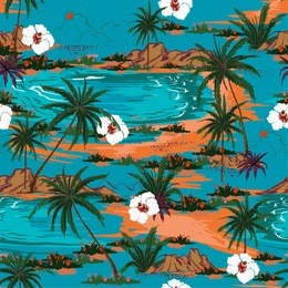 retro summer hawaii  seamless island pattern vector. landscape with palm trees,beach and ocean vector hand drawn style on blue ocean color background.