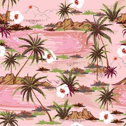 beautiful sweet seamless island pattern vector. landscape with palm trees,beach and ocean vector hand drawn style on pink color background.