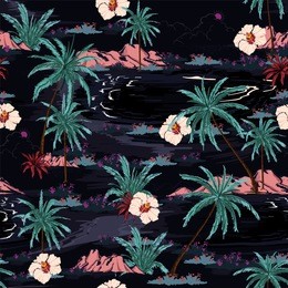 beautiful dark seamless island in the night pattern vector  landscape with palm trees,beach and ocean vector hand drawn style on navy blue color background.