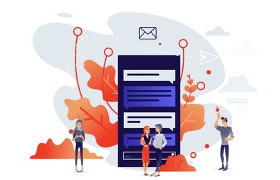 cartoon social communication concept with people chatting, sending messages within digital screens with internet applications, trees and abstract shapes on background. vector illustration