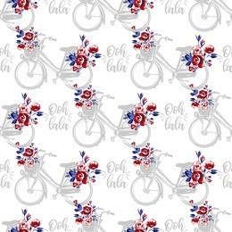 pattern with parisian city bike with basket with flowers and oh dear text in french. hand drawn graphic illustration with french symbols. vector watercolor style vintage seamless background.