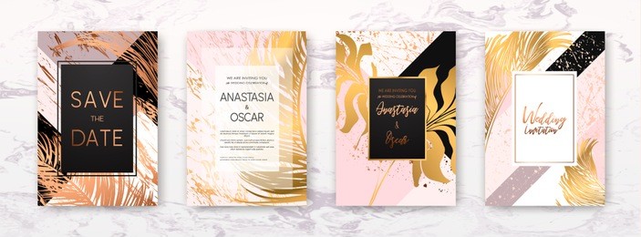 wedding invitation with gold palm leaves, black, white marble template, artistic covers design, colorful texture, leaf backgrounds. trendy pattern, graphic gold brochure. luxury vector illustration.