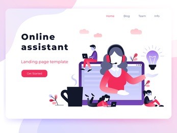 concept customer and operator, online technical support 24-7 for web page. vector landing page template female hotline operator advises client. online assistant, virtual help service.