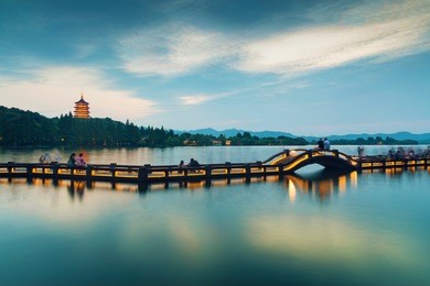 landscape of west lake（xihu）hangzhou. long bridge and leifeng pagoda. located in hangzhou city, zhejiang province, china.