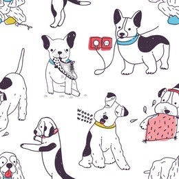 seamless pattern with funny dogs demonstrating bad habits and disobedient behavior. backdrop with naughty domestic animals or pets. colored hand drawn vector illustration for fabric print, wallpaper