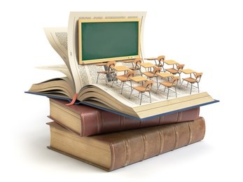 vintage books with blackboard and school desks in the auditorium. education concept. 3d illustration