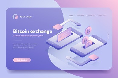 mobile payments concept of transfer bitcoin, money from card, website template. cryptocurrency and blockchain technology. 3d isometric bitcoin transaction, e-commerce. vector illustration.