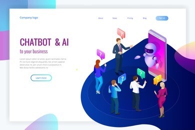 isometric artificial intelligence. chat bot and future marketing. ai and business iot concept. mans and women chatting with chatbot application. dialog help service. vector illustration.