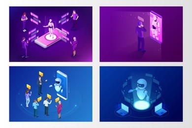 isometric artificial intelligence. chat bot and future marketing. ai and business iot concept. mans and women chatting with chatbot application. dialog help service. vector illustration.