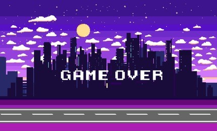 vector pixel message: game over. pixel art game background with road, ground, sunset, landscape, sky, clouds, silhouette city, stars and moon. background with gradient.