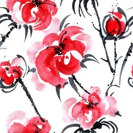 red roses, watercolor illustration on a white background, oriental traditional painting in style sumi-e and u-sin, seamless pattern