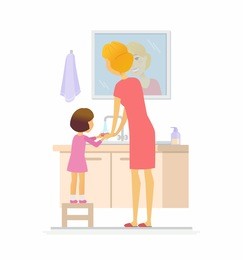 girl washing her hands - cartoon people character isolated illustration on white background. an image of a careful mother helping her daughter to use soap in the bathroom. hygiene concept
