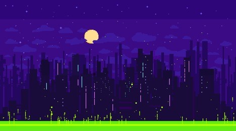 pixel art game background with road, ground, sunset, landscape, sky, clouds, silhouette city, stars and moon. background with gradient.