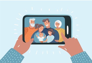 vector cartoon illustration. young family with 2 kids, grandmother and grandfather are having video call using the smartphone. human hand hold device and connect online communication. grandma, grandpa