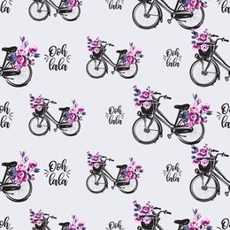 pattern with parisian city bike with basket with flowers and oh dear text in french. hand drawn graphic illustration with french symbols. vector watercolor style vintage seamless background.