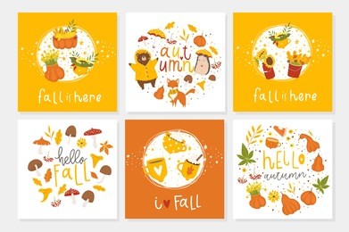 set of 6 cute ready-to-use gift cute postcards with animals, leaves, hearts, cups and magic. vector printable collection of autumn card, invitation, poster in bright colors template design