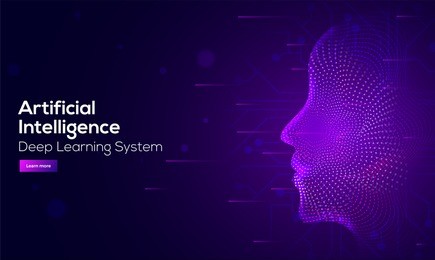 responsive web banner design with illustration of human face made by tiny particles between glowing digital network for artificial intelligence (ai) deep learning concept. 
