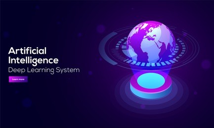 shiny earth globe illustration between emerging rays, global deep learning system, artificial intelligence (ai) concept based landing page design.