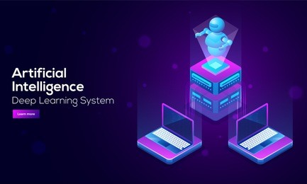 artificial intelligence (ai) landing design with 3d illustration of a robot on server, connected with laptop for data and technology concept.