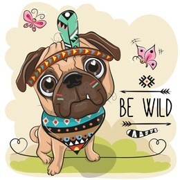 cute cartoon tribal pug dog and with a feather