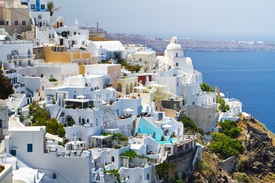 architecture of fira town on santorini island, greece