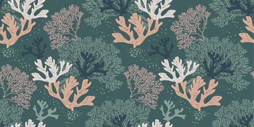 seamless natural pattern with corals and algae on a blue background for printing, fabric, textile, manufacturing, wallpapers.vector illustration