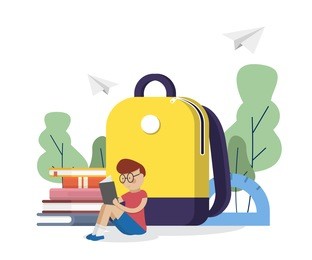 back to school. schoolboy read books near school backpack. education concept. vector illustration