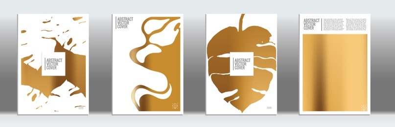 golden cover set. exotic flyer on light background.  fluid poster design.  brochure foil design. golden backdrop. stylish vector cover design.  abstract gradient vintage texture.