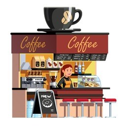 smiling sales clerk woman at coffee shop service counter. cafe kiosk with coffee machine, showcase, menu. big cup on roof. cafe or shop concept. flat vector illustration isolated on white