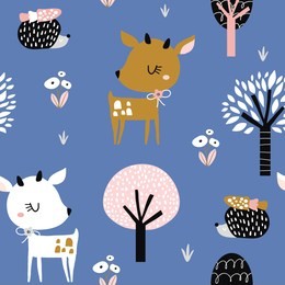 seamless childish pattern with cute deer, hedgehog in the wood. creative kids city texture for fabric, wrapping, textile, wallpaper, apparel. vector illustration