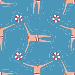 swimmers in the pool seamless pattern. summer vector people in swimwear. healthy lifestyle hawaiian tourists. top view people in the sea. beach wet party for boys and girls. swimmwers in the water. 