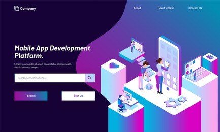 responsive web template design with isometric view of working people, download or develop application in smartphone for mobile app development concept.