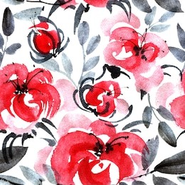 red roses with leaves, watercolor illustration on a white background, oriental traditional painting in style sumi-e and u-sin, seamless pattern