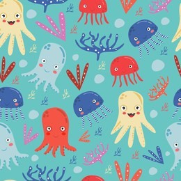 colorful seamless pattern with octopus and corals on blue background. great for textile design, prints, nursery decor, fabric printing. cartoony style, funny characters.