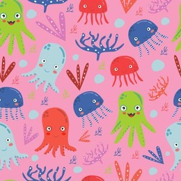 colorful seamless pattern with octopus and corals on pink background. great for textile design, prints, nursery decor, fabric printing. cartoony style, funny characters.