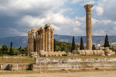 ancient temple of olympian zeus on beautiful sky clouds, ruins of athens, greece