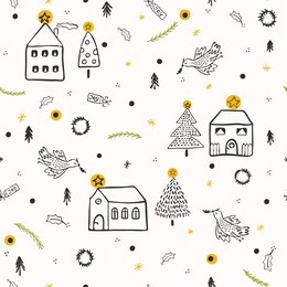 white christmas village church house vector pattern, hand drawn seamless festive backdrop illustration for holidays fashion prints, stationery, xmas decor, gift wrapping and seasonal web backgrounds