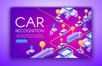 car recognition vector illustration of vehicle registration plates and speed detection anpr technology. location tracking radar and road traffic rule violation cameras on purple ultraviolet background