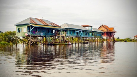 tonle sap lake and floating village (siem reap province, cambodia). vintage toned picture, sunrise and morning sunlight. copy space for you text here