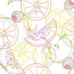 tropical fruit seamless pattern hand drawn doodles, colorful line drawing on white background, orange, peach, apricot, lemon, nectarine, strawberry, watermelon, for packaging print or textile fabric.